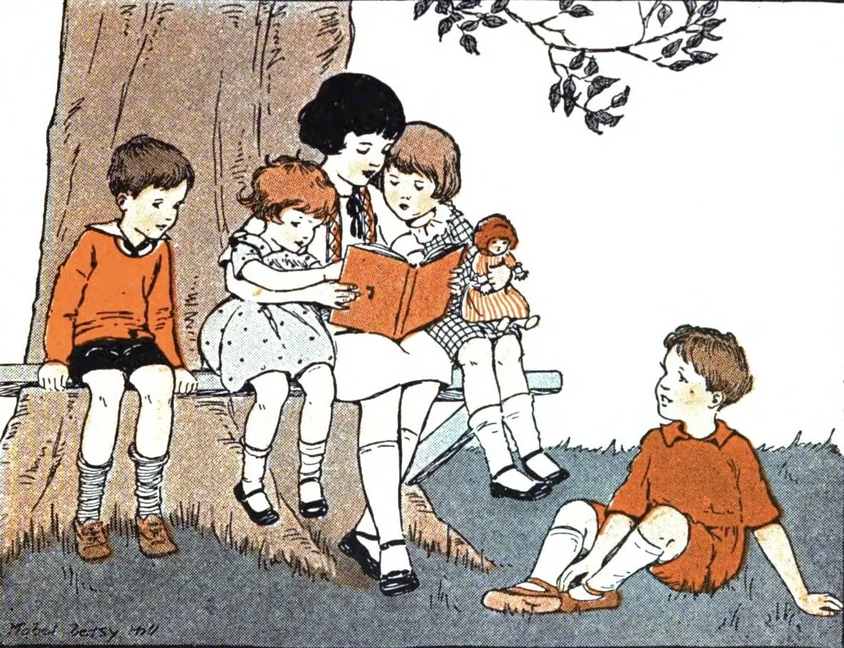 Children reading beneath a tree - Story-Friends (1927) - Mabel Betsy Hill